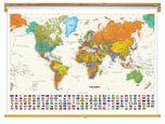 Contemporary World Map with Flags Classroom Pull Down